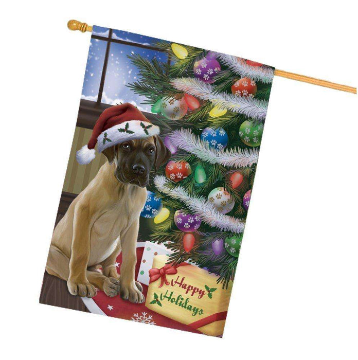 Christmas Happy Holidays Great Dane Dog with Tree and Presents House Flag