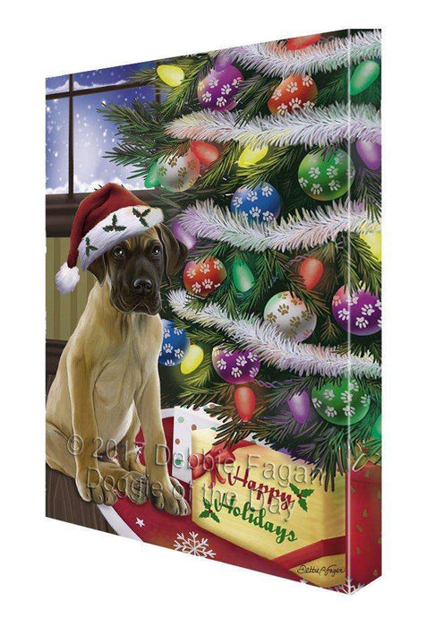 Christmas Happy Holidays Great Dane Dog with Tree and Presents Painting Printed on Canvas Wall Art