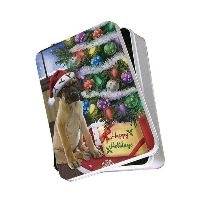 Christmas Happy Holidays Great Dane Dog with Tree and Presents Photo Storage Tin