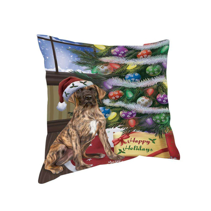 Christmas Happy Holidays Great Dane Dog with Tree and Presents Pillow PIL71948