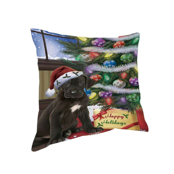 Christmas Happy Holidays Great Dane Dog with Tree and Presents Pillow PIL71952