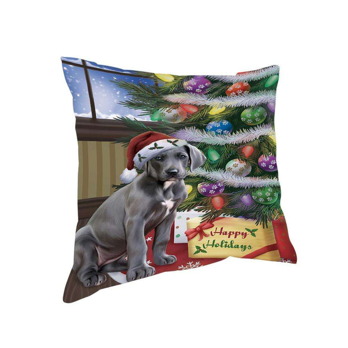 Christmas Happy Holidays Great Dane Dog with Tree and Presents Pillow PIL71956