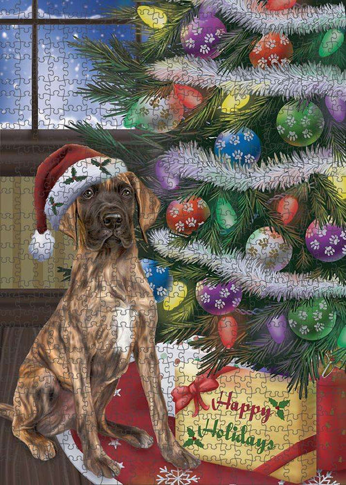 Christmas Happy Holidays Great Dane Dog with Tree and Presents Puzzle with Photo Tin PUZL82480