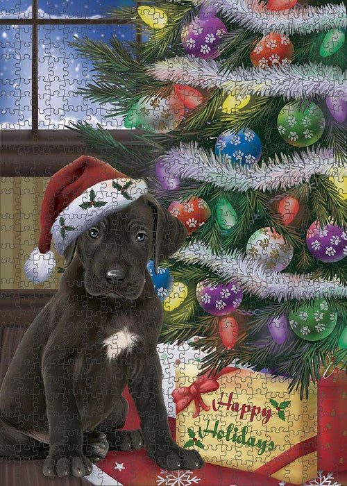 Christmas Happy Holidays Great Dane Dog with Tree and Presents Puzzle with Photo Tin PUZL82484