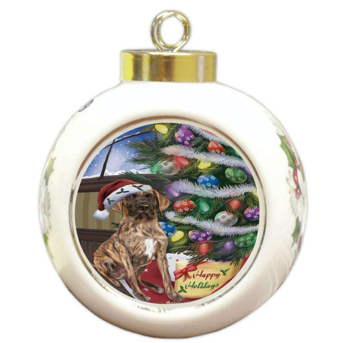 Christmas Happy Holidays Great Dane Dog with Tree and Presents Round Ball Christmas Ornament RBPOR53831