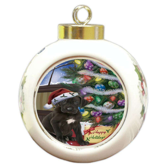 Christmas Happy Holidays Great Dane Dog with Tree and Presents Round Ball Christmas Ornament RBPOR53832