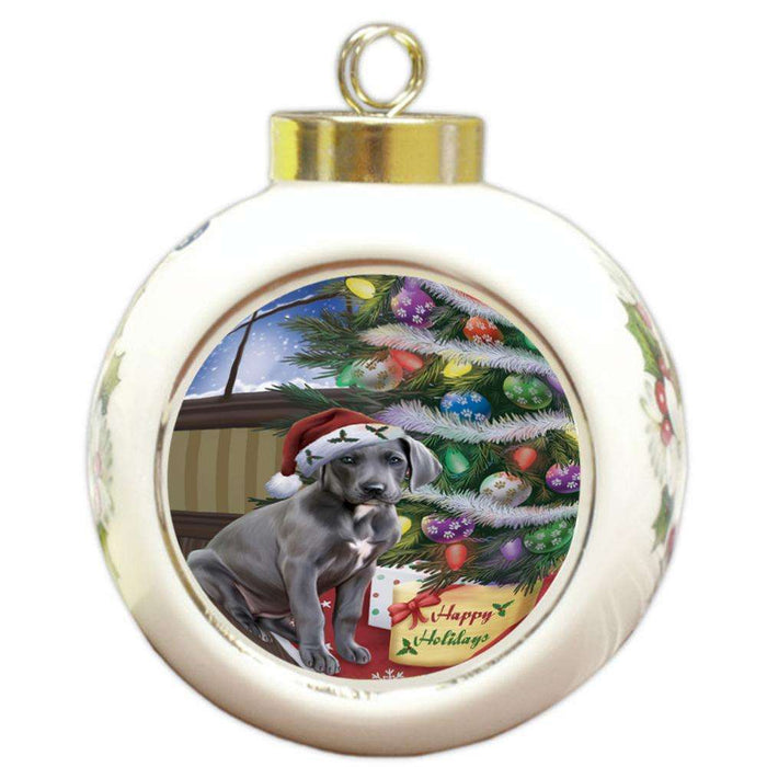 Christmas Happy Holidays Great Dane Dog with Tree and Presents Round Ball Christmas Ornament RBPOR53833