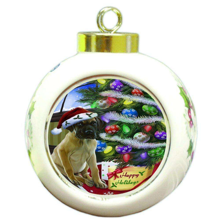 Christmas Happy Holidays Great Dane Dog with Tree and Presents Round Ball Ornament D067