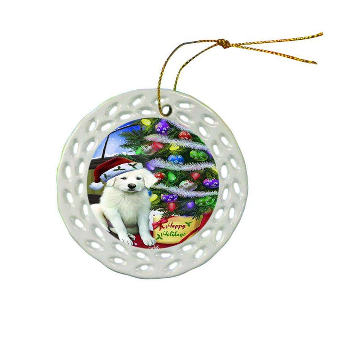 Christmas Happy Holidays Great Pyrenees Dog with Tree and Presents Ceramic Doily Ornament DPOR53459