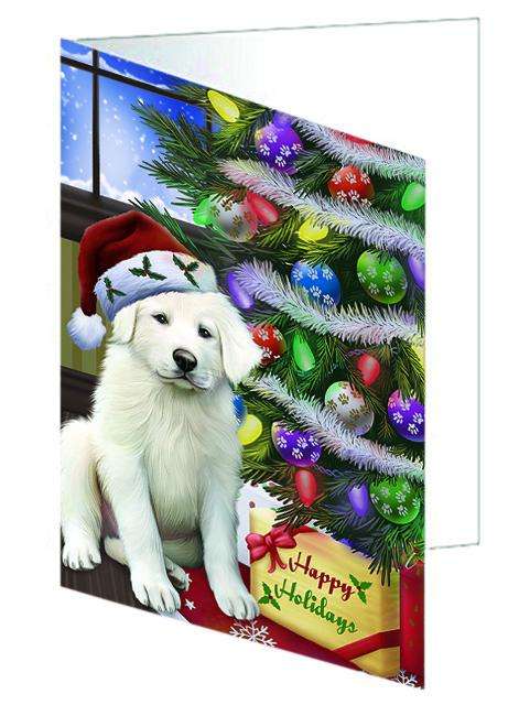 Christmas Happy Holidays Great Pyrenees Dog with Tree and Presents Handmade Artwork Assorted Pets Greeting Cards and Note Cards with Envelopes for All Occasions and Holiday Seasons GCD64406