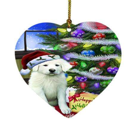 Christmas Happy Holidays Great Pyrenees Dog with Tree and Presents Heart Christmas Ornament HPOR53459