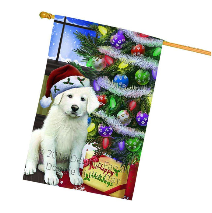 Christmas Happy Holidays Great Pyrenees Dog with Tree and Presents House Flag FLG53657