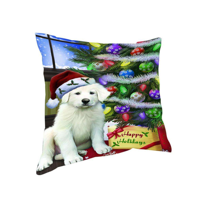 Christmas Happy Holidays Great Pyrenees Dog with Tree and Presents Pillow PIL70460