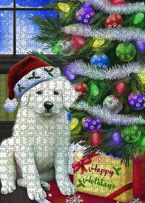 Christmas Happy Holidays Great Pyrenees Dog with Tree and Presents Puzzle with Photo Tin PUZL80992