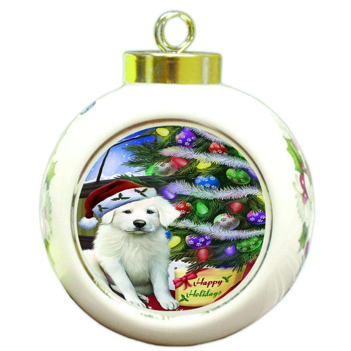Christmas Happy Holidays Great Pyrenees Dog with Tree and Presents Round Ball Christmas Ornament RBPOR53459