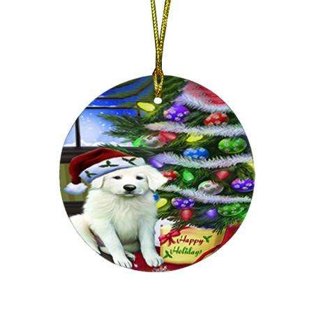 Christmas Happy Holidays Great Pyrenees Dog with Tree and Presents Round Flat Christmas Ornament RFPOR53450