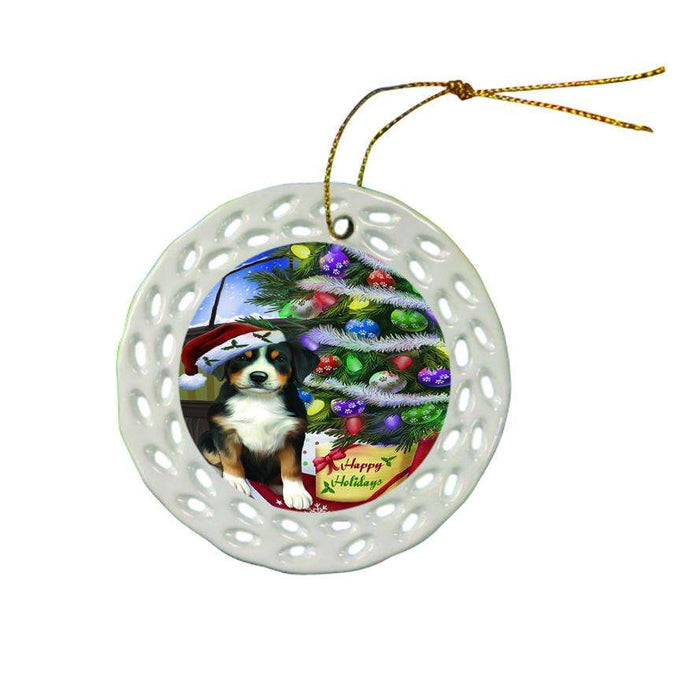 Christmas Happy Holidays Greater Swiss Mountain Dog with Tree and Presents Ceramic Doily Ornament DPOR53460