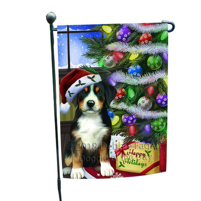Christmas Happy Holidays Greater Swiss Mountain Dog with Tree and Presents Garden Flag GFLG53522
