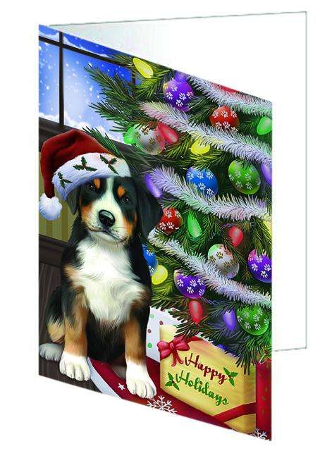 Christmas Happy Holidays Greater Swiss Mountain Dog with Tree and Presents Handmade Artwork Assorted Pets Greeting Cards and Note Cards with Envelopes for All Occasions and Holiday Seasons GCD64409