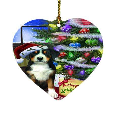 Christmas Happy Holidays Greater Swiss Mountain Dog with Tree and Presents Heart Christmas Ornament HPOR53460