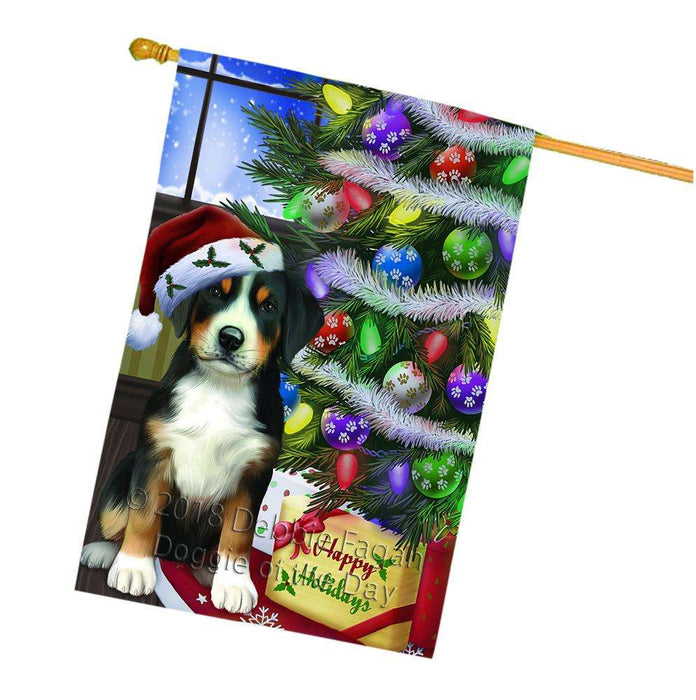Christmas Happy Holidays Greater Swiss Mountain Dog with Tree and Presents House Flag FLG53658