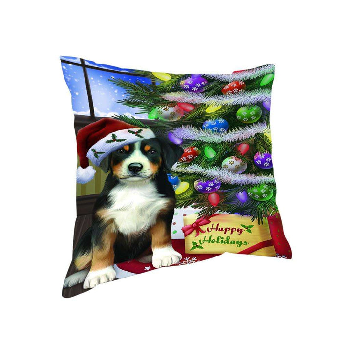 Christmas Happy Holidays Greater Swiss Mountain Dog with Tree and Presents Pillow PIL70464