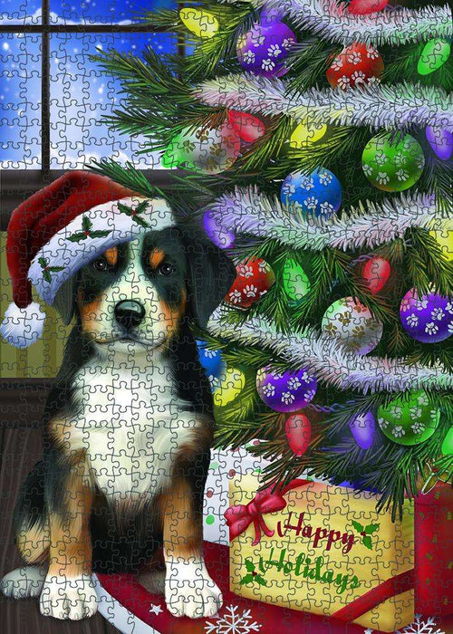 Christmas Happy Holidays Greater Swiss Mountain Dog with Tree and Presents Puzzle with Photo Tin PUZL80996