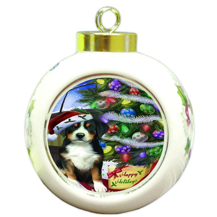 Christmas Happy Holidays Greater Swiss Mountain Dog with Tree and Presents Round Ball Christmas Ornament RBPOR53460