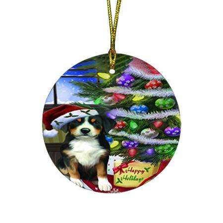Christmas Happy Holidays Greater Swiss Mountain Dog with Tree and Presents Round Flat Christmas Ornament RFPOR53451