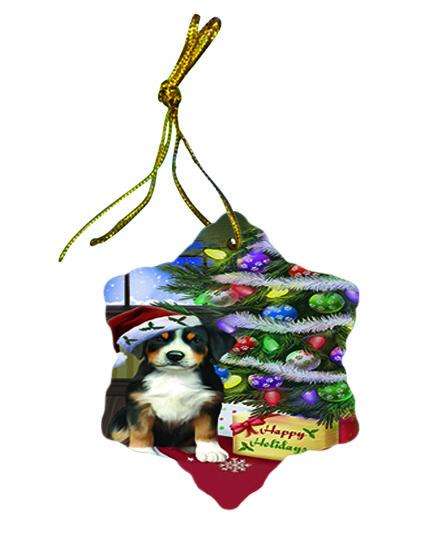 Christmas Happy Holidays Greater Swiss Mountain Dog with Tree and Presents Star Porcelain Ornament SPOR53451