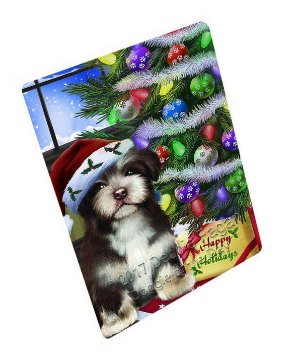 Christmas Happy Holidays Havanese Dog with Tree and Presents Art Portrait Print Woven Throw Sherpa Plush Fleece Blanket D001