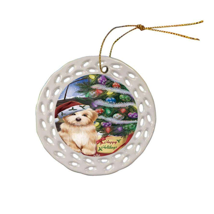 Christmas Happy Holidays Havanese Dog with Tree and Presents Ceramic Doily Ornament DPOR53834