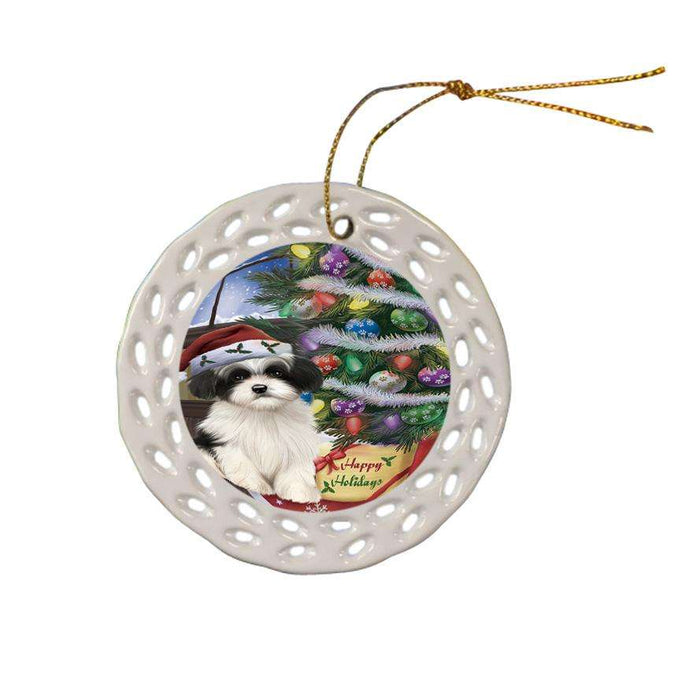 Christmas Happy Holidays Havanese Dog with Tree and Presents Ceramic Doily Ornament DPOR53835