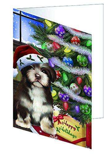Christmas Happy Holidays Havanese Dog with Tree and Presents Handmade Artwork Assorted Pets Greeting Cards and Note Cards with Envelopes for All Occasions and Holiday Seasons GCD000