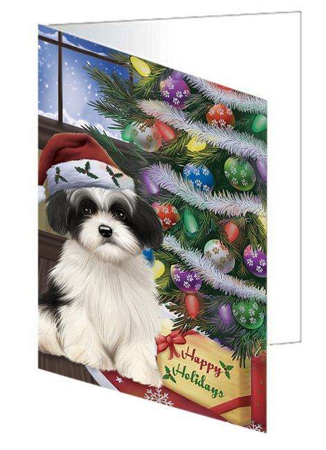 Christmas Happy Holidays Havanese Dog with Tree and Presents Handmade Artwork Assorted Pets Greeting Cards and Note Cards with Envelopes for All Occasions and Holiday Seasons GCD65534