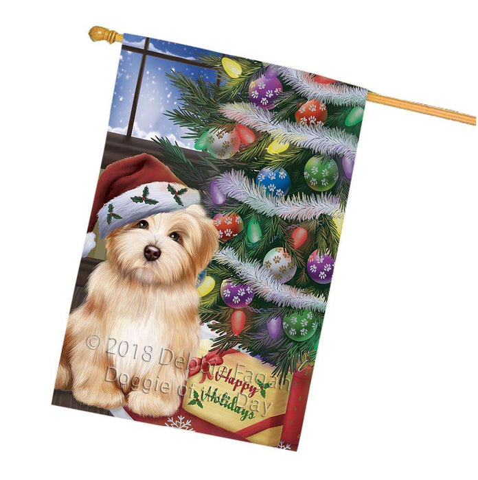 Christmas Happy Holidays Havanese Dog with Tree and Presents House Flag FLG54032