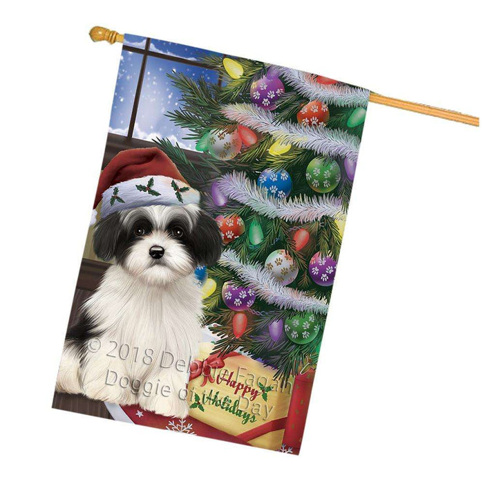 Christmas Happy Holidays Havanese Dog with Tree and Presents House Flag FLG54033