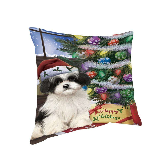 Christmas Happy Holidays Havanese Dog with Tree and Presents Pillow PIL71964