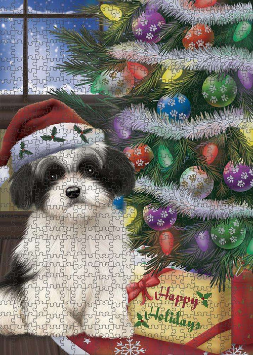 Christmas Happy Holidays Havanese Dog with Tree and Presents Puzzle with Photo Tin PUZL82496