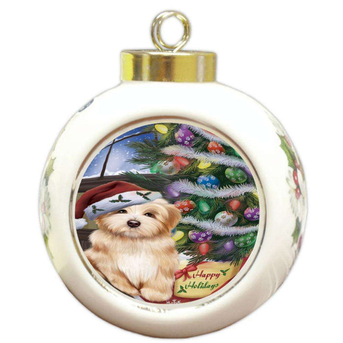 Christmas Happy Holidays Havanese Dog with Tree and Presents Round Ball Christmas Ornament RBPOR53834