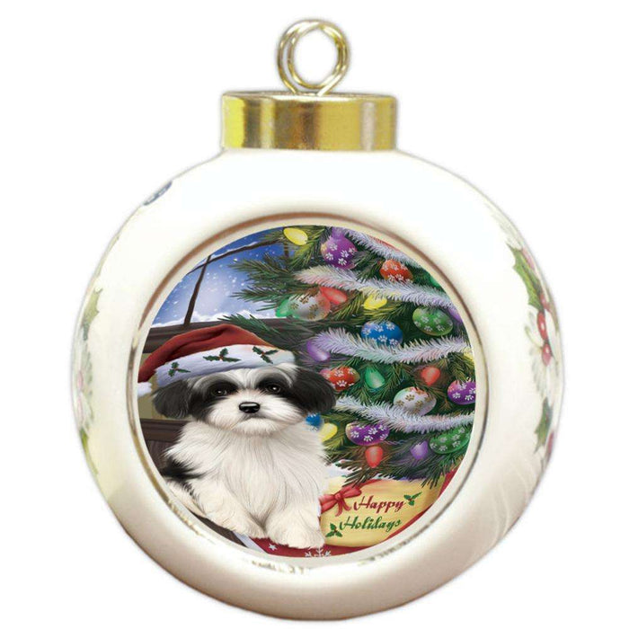 Christmas Happy Holidays Havanese Dog with Tree and Presents Round Ball Christmas Ornament RBPOR53835