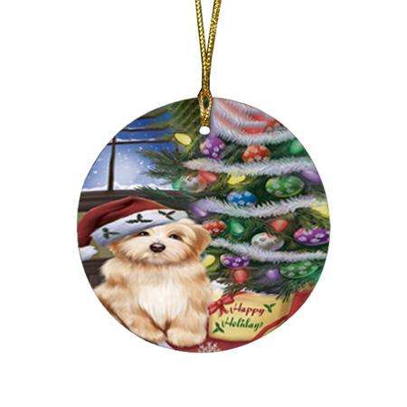 Christmas Happy Holidays Havanese Dog with Tree and Presents Round Flat Christmas Ornament RFPOR53825