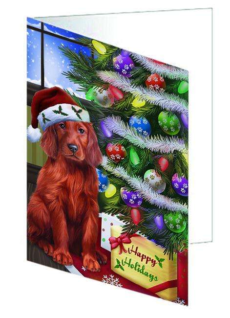 Christmas Happy Holidays Irish Setter Dog with Tree and Presents Handmade Artwork Assorted Pets Greeting Cards and Note Cards with Envelopes for All Occasions and Holiday Seasons GCD64412