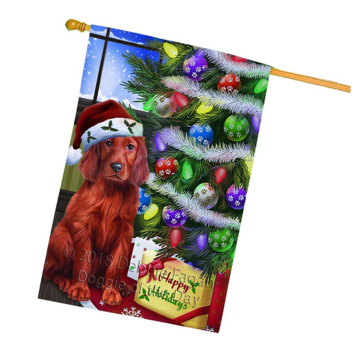 Christmas Happy Holidays Irish Setter Dog with Tree and Presents House Flag FLG53659