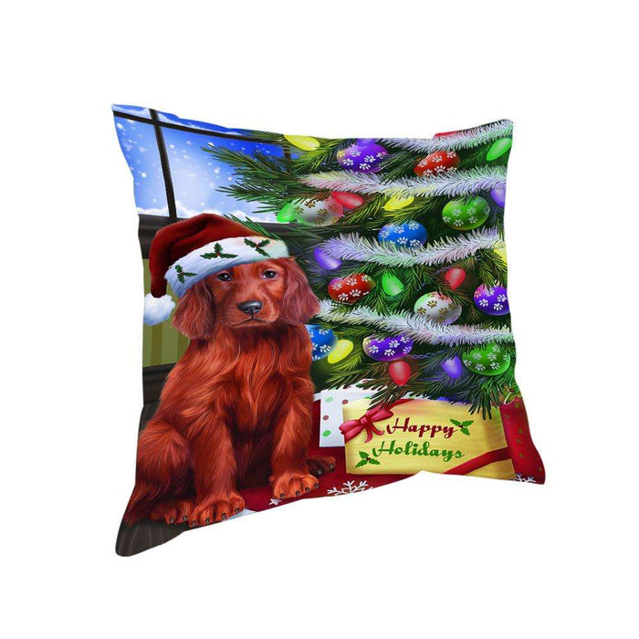 Christmas Happy Holidays Irish Setter Dog with Tree and Presents Pillow PIL70468