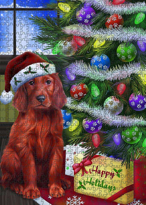 Christmas Happy Holidays Irish Setter Dog with Tree and Presents Puzzle with Photo Tin PUZL81000