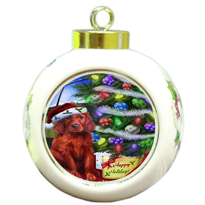 Christmas Happy Holidays Irish Setter Dog with Tree and Presents Round Ball Christmas Ornament RBPOR53461