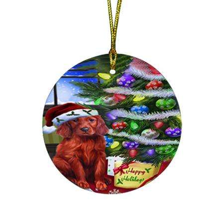 Christmas Happy Holidays Irish Setter Dog with Tree and Presents Round Flat Christmas Ornament RFPOR53452