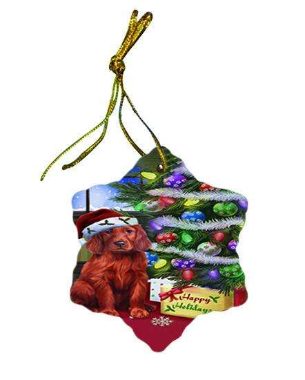 Christmas Happy Holidays Irish Setter Dog with Tree and Presents Star Porcelain Ornament SPOR53452