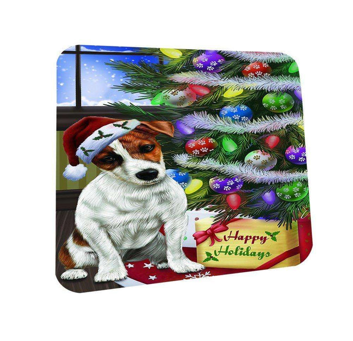 Christmas Happy Holidays Jack Russel Dog with Tree and Presents Coasters Set of 4